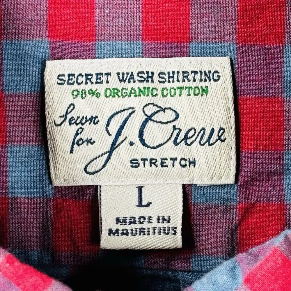 J CREW Shirt Mens L Blue Red Classic Fit Button Secret Wash Organic Cotton